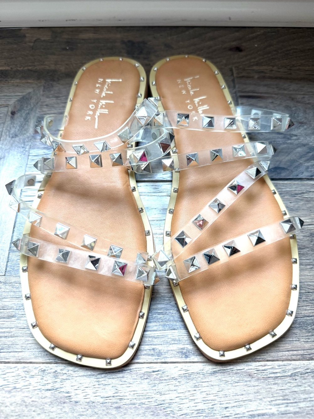 Brand New Nicole Miller Clear Pyramid Stud Slide Sandals with Tan Footbed